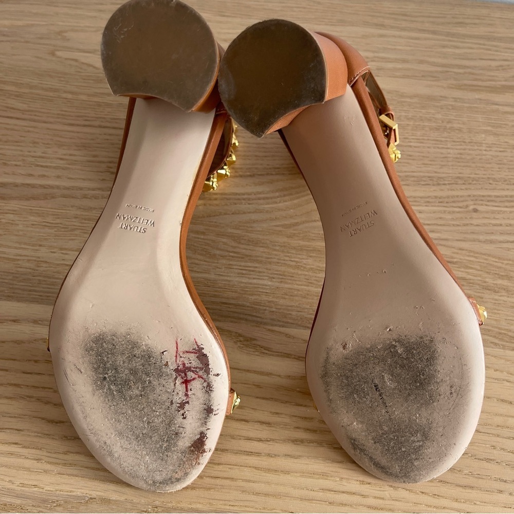 Stuart Weitzman rosemarie block heel cognac Brown Ankle Strap Sandals gold stud - Picture 9 of 12